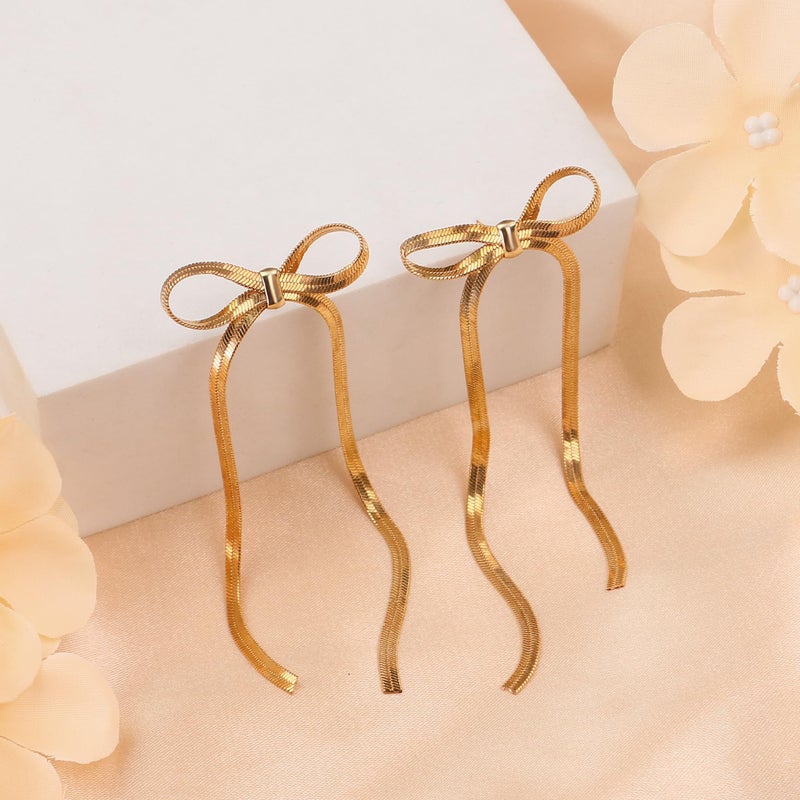DAYANEY Bow Earrings Gold Dangle Valentines Earrings for Women, Ribbon Earring Bow Jewelry as Gold Statement Earring, Drop Tassel Long Ear Studs as Prom Wedding Trendy - Image 3