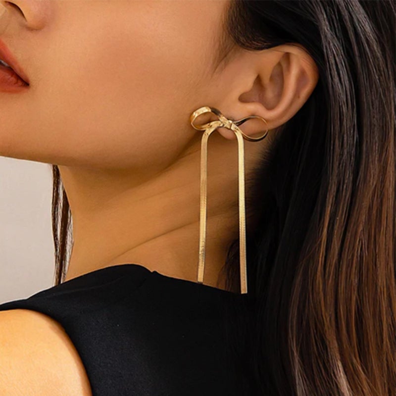 DAYANEY Bow Earrings Gold Dangle Valentines Earrings for Women, Ribbon Earring Bow Jewelry as Gold Statement Earring, Drop Tassel Long Ear Studs as Prom Wedding Trendy - Image 5
