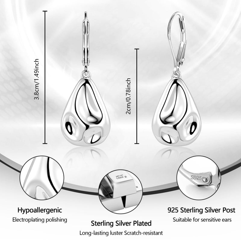 Lancharmed Sterling Silver Teardrop Earrings, LANCHARMED Hypoallergenic Hammered Chunky Thick Waterdrop Dangle Earring 925 Sterling Silver French Dangling Drop Leverback Earrings for Women Trendy Jewelry - Image 3