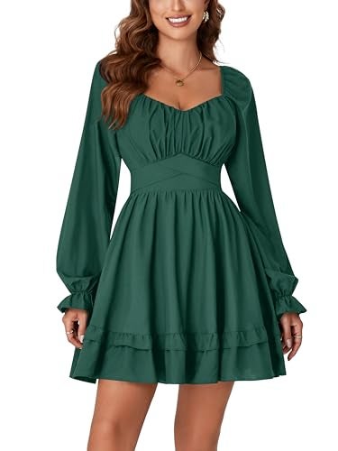 KIFOVEN Women's Lantern Long Sleeve Smocked Wrap Tiered Ruffle Flowy A Line Short Mini Dress Dark Green X-Small - Image 2