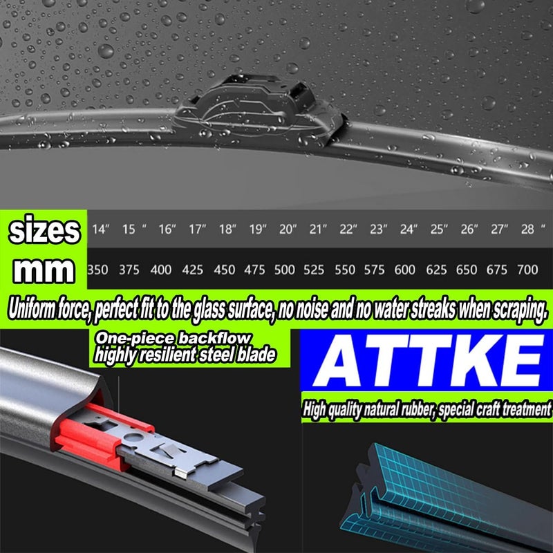 ATTKE All Weather All Season Wiper Blades, 26″ + 16″ Front Wipers and 12″ Rear Wiper Blades, Replacement for Toyota RAV4 2019-2023,Mazda 5 2006-2015,OE Original Style (Pack of 3) - Image 5