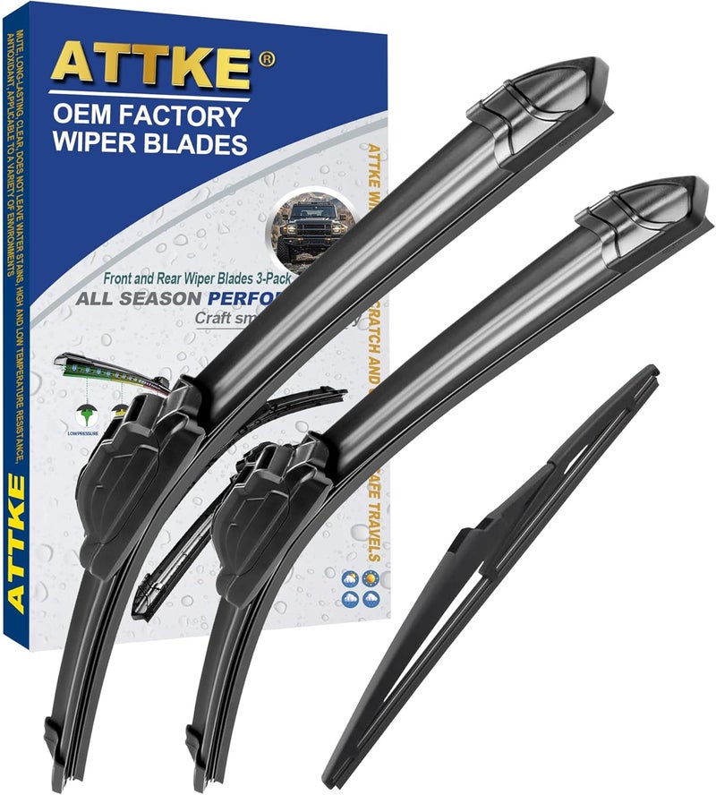 ATTKE All Weather All Season Wiper Blades, 26″ + 16″ Front Wipers and 12″ Rear Wiper Blades, Replacement for Toyota RAV4 2019-2023,Mazda 5 2006-2015,OE Original Style (Pack of 3) - Image 1