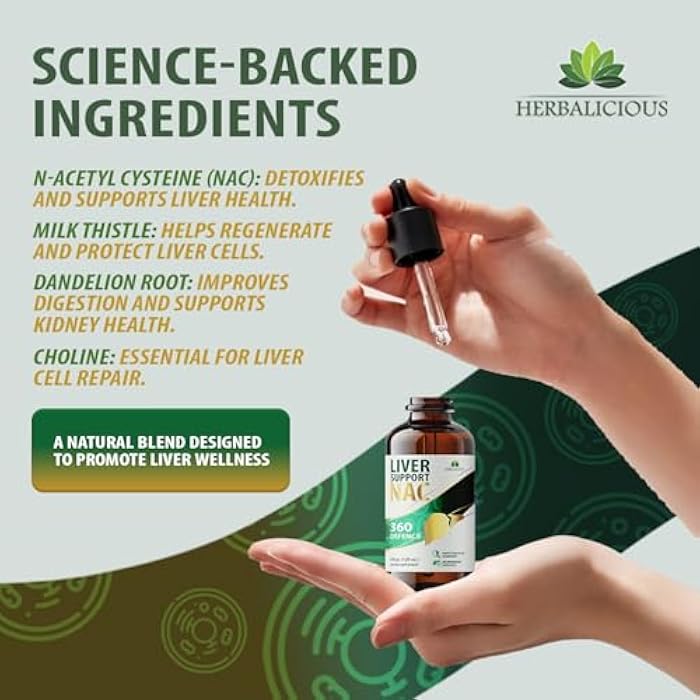 HERBALICIOUS دعم الكبد NAC 360 دفاع – صحة الكبد السائلة مع NAC، حليب الشوك، الهندباء، الهندباء البرية، الكركم، تشانكا بيدرا، جذر الشمندر والزنك – يدعم إزالة السموم من الكبد، التنظيف وصحة الخلايا – 4 أونصة سائلة - Image 5