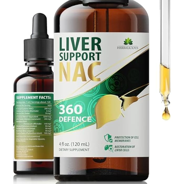 HERBALICIOUS دعم الكبد NAC 360 دفاع – صحة الكبد السائلة مع NAC، حليب الشوك، الهندباء، الهندباء البرية، الكركم، تشانكا بيدرا، جذر الشمندر والزنك – يدعم إزالة السموم من الكبد، التنظيف وصحة الخلايا – 4 أونصة سائلة - Image 1