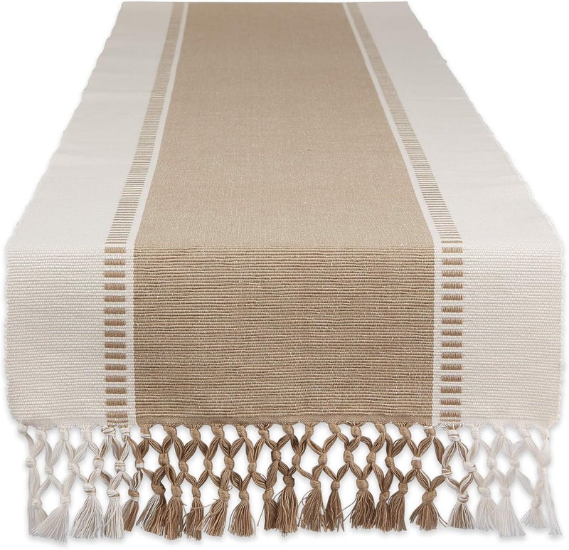 DII Dobby Stripe Woven Table Runner, 13x108 (13x113.5, Fringe Included), Stone - Image 1