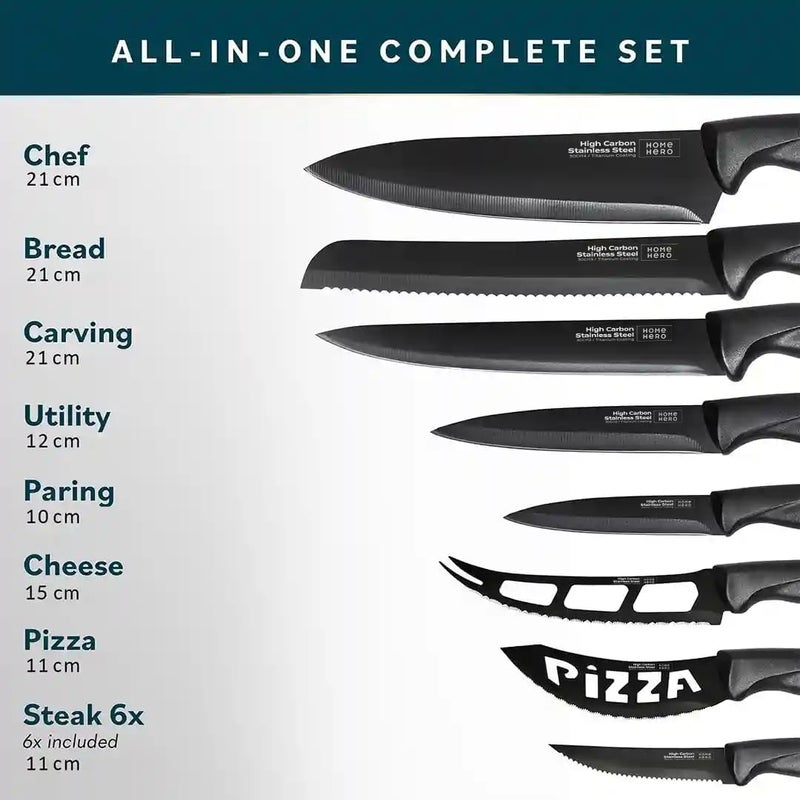 HomeHero Kitchen Knife Set - High Carbon Stainless Steel Blades & Built-In Sharpener - Ergonomic Handles & Cutlery Block Storage - Precision Cooking Prep with Chef Knife - 20 Pc, Black - Image 2