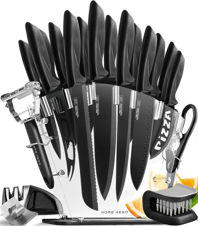 HomeHero Kitchen Knife Set - High Carbon Stainless Steel Blades & Built-In Sharpener - Ergonomic Handles & Cutlery Block Storage - Precision Cooking Prep with Chef Knife - 20 Pc, Black - Image 1