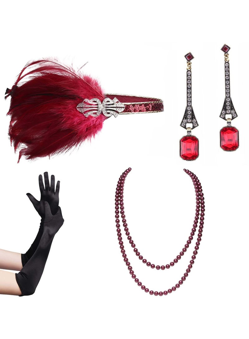 Complete 1920s Flapper Costume Accessories Set - Great Gatsby Style Headband, Pearl Necklace, Gloves, and Holder  - Image 1