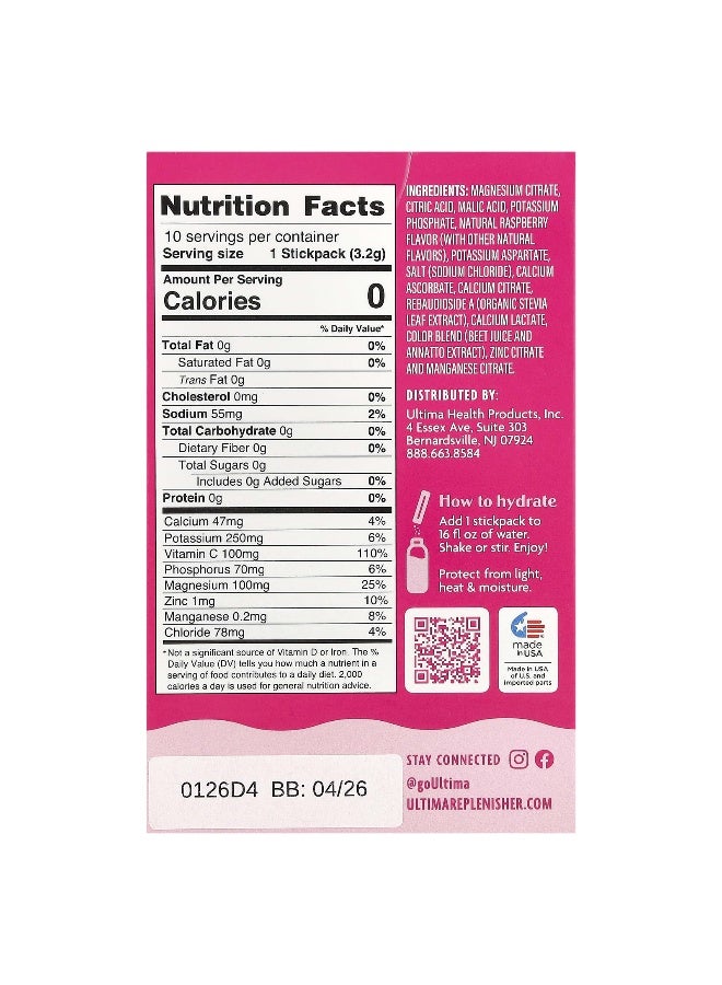 Ultima Replenisher Ultima Replenisher, 6 Essential Electrolytes, Daily Electrolyte Drink Mix, Raspberry, 10 Stickpacks, 0.11 oz (3.2 g) Each - Image 2