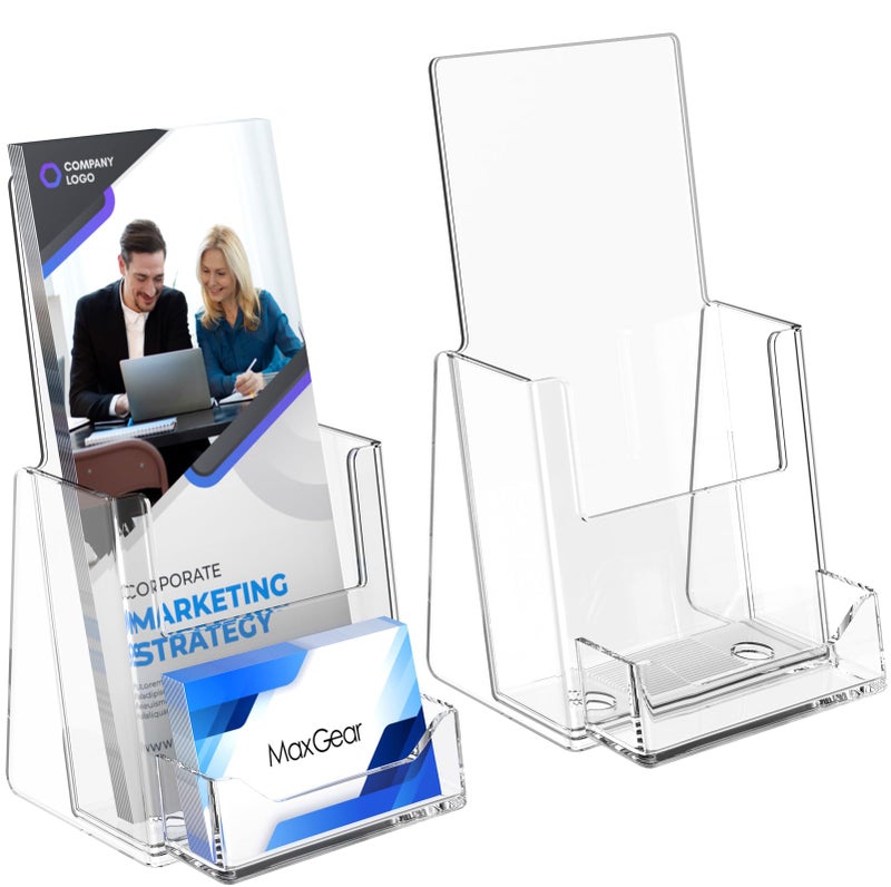 MaxGear Brochure Holder 4x9 inch with Business Card Organizer, Acrylic Literature Display Stand Clear Plastic Flyer Holder Wall Mount or Countertop Use for Pamphlets, Booklets, 2 Pack - Image 1