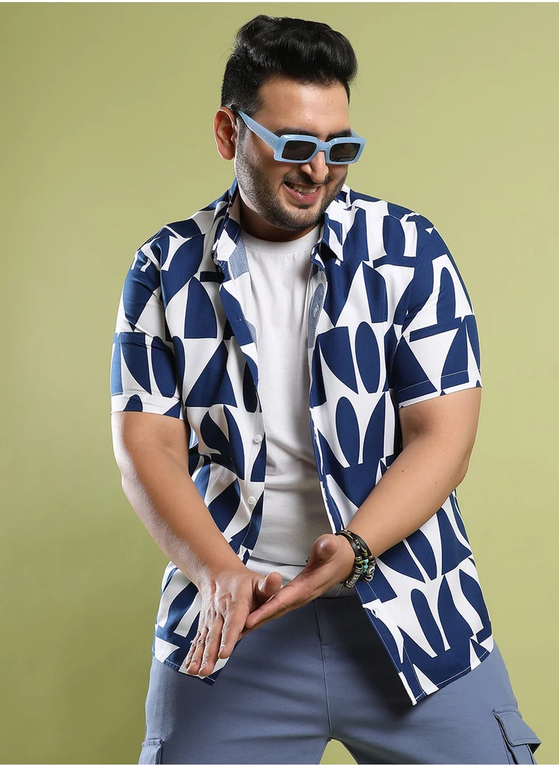 انستافاب بلس Instafab Plus Men's White & Indigo Blue Geometric Block Shirt For Casual Wear | Spread Collar | Short Sleeve | Button Closure | Heavy Rayon Shirt Crafted With Comfort Fit For Everyday Wear