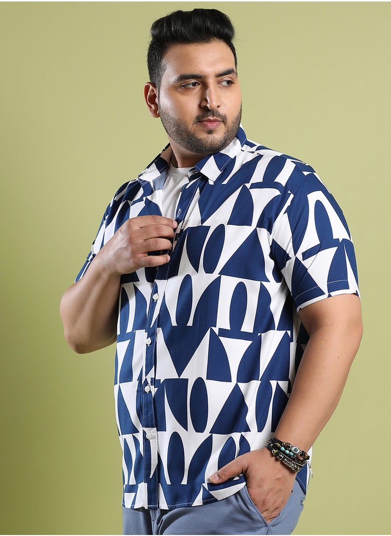 Instafab Plus Instafab Plus Men's White & Indigo Blue Geometric Block Shirt For Casual Wear | Spread Collar | Short Sleeve | Button Closure | Heavy Rayon Shirt Crafted With Comfort Fit For Everyday Wear  - Image 3