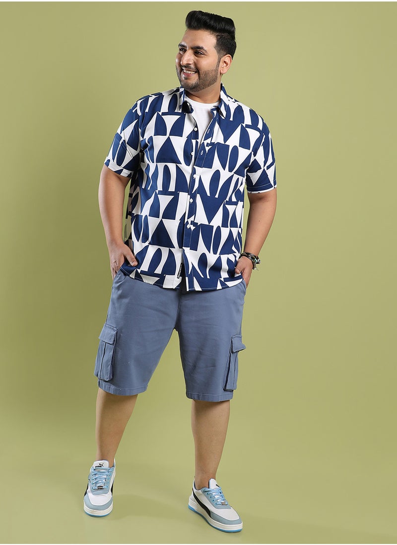 Instafab Plus Instafab Plus Men's White & Indigo Blue Geometric Block Shirt For Casual Wear | Spread Collar | Short Sleeve | Button Closure | Heavy Rayon Shirt Crafted With Comfort Fit For Everyday Wear  - Image 5