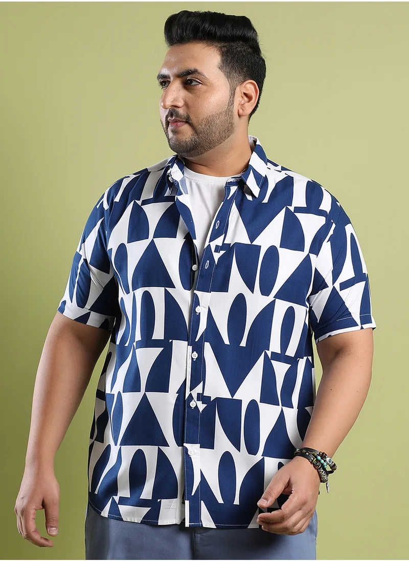 انستافاب بلس Instafab Plus Men's White & Indigo Blue Geometric Block Shirt For Casual Wear | Spread Collar | Short Sleeve | Button Closure | Heavy Rayon Shirt Crafted With Comfort Fit For Everyday Wear