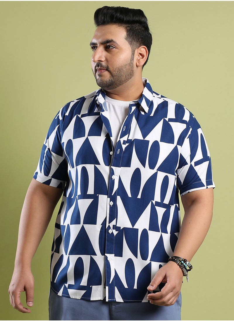 Instafab Plus Instafab Plus Men's White & Indigo Blue Geometric Block Shirt For Casual Wear | Spread Collar | Short Sleeve | Button Closure | Heavy Rayon Shirt Crafted With Comfort Fit For Everyday Wear  - Image 2