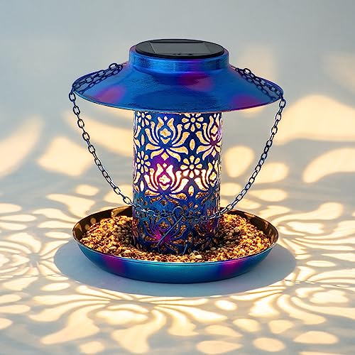 Ottsuls Solar Bird Feeder for Outdoors Hanging, Metal Wild Cardinals Garden Lantern with S Hook, Weatherproof and Water Resistant Birdfeeders as Gift Idea for Women Mom Grandma Bird Lovers (Blue) - Image 2