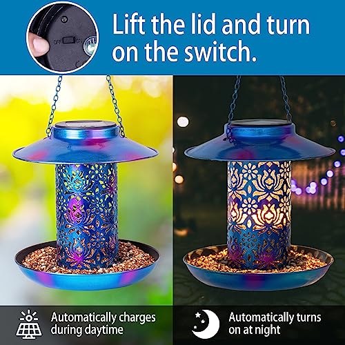 Ottsuls Solar Bird Feeder for Outdoors Hanging, Metal Wild Cardinals Garden Lantern with S Hook, Weatherproof and Water Resistant Birdfeeders as Gift Idea for Women Mom Grandma Bird Lovers (Blue) - Image 3