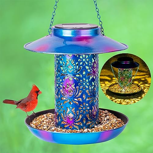 Ottsuls Solar Bird Feeder for Outdoors Hanging, Metal Wild Cardinals Garden Lantern with S Hook, Weatherproof and Water Resistant Birdfeeders as Gift Idea for Women Mom Grandma Bird Lovers (Blue) - Image 1