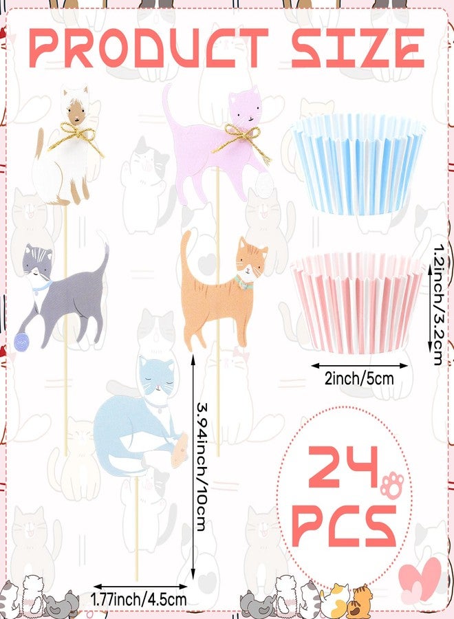 Vesici 48 Pcs Cute Kitten Cupcake Kit Include 24 Cat Cupcake Toppers and 24 Blue Pink Cake Liners Kitten Pet Themed Party Supplies for Birthday Pet Adoption Party Decorations - Image 2