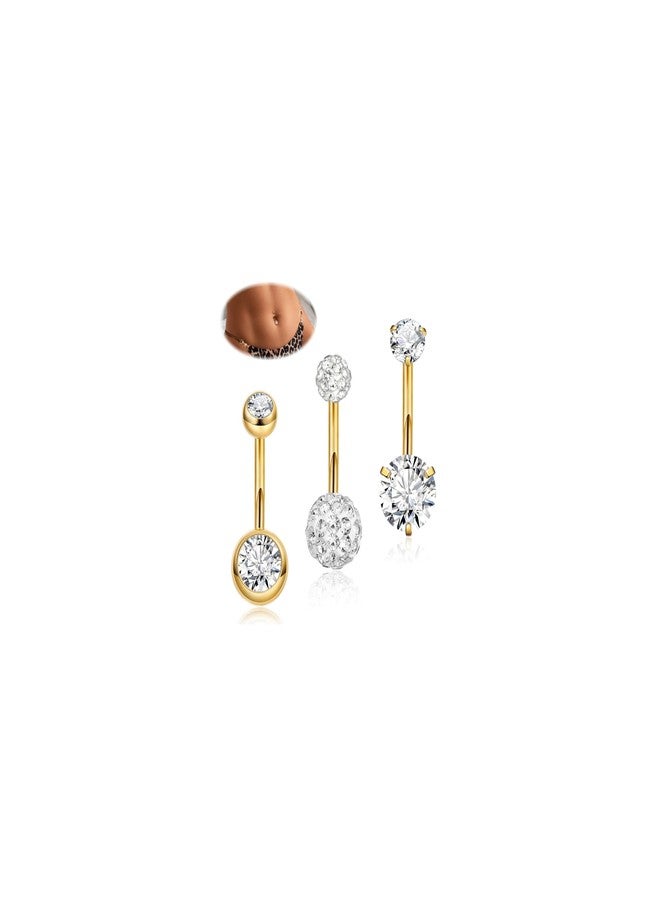 NICEIGHT 3Pcs 14G F136 Titanium Belly Button Rings for Women Cubic Zirconia Curved Barbell Navel Ring Hypoallergenic Crystals Belly Rings Sparkly Disco Balls Belly Piercing Jewelry 6-16MM Gold 10MM - Image 1