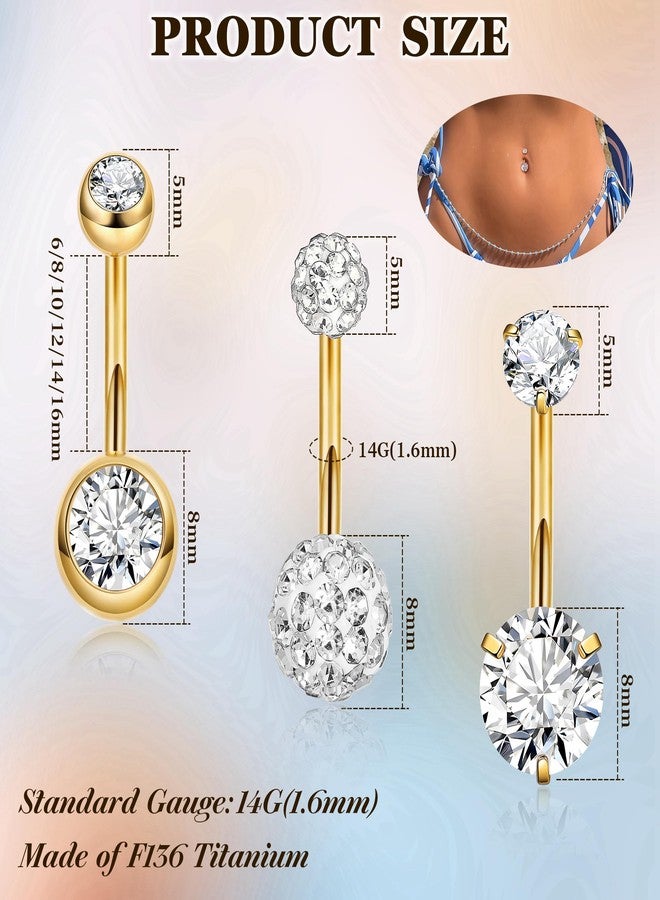 NICEIGHT 3Pcs 14G F136 Titanium Belly Button Rings for Women Cubic Zirconia Curved Barbell Navel Ring Hypoallergenic Crystals Belly Rings Sparkly Disco Balls Belly Piercing Jewelry 6-16MM Gold 10MM - Image 3