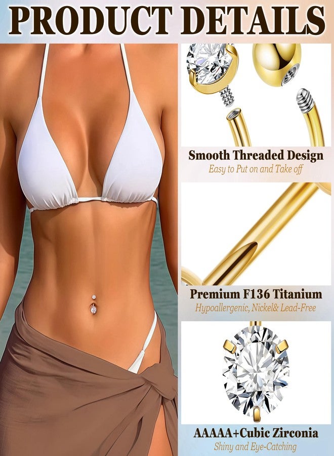 NICEIGHT 3Pcs 14G F136 Titanium Belly Button Rings for Women Cubic Zirconia Curved Barbell Navel Ring Hypoallergenic Crystals Belly Rings Sparkly Disco Balls Belly Piercing Jewelry 6-16MM Gold 10MM - Image 4