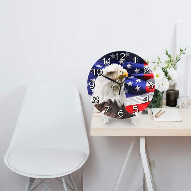 Abucaky Bald Eagle Patriotic American Flag Wall Clock Battery Operated Silent Round Clock Wall Decor for Home, Office, School 9.8 Inch - Image 3
