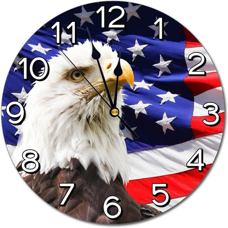 Abucaky Bald Eagle Patriotic American Flag Wall Clock Battery Operated Silent Round Clock Wall Decor for Home, Office, School 9.8 Inch - Image 1