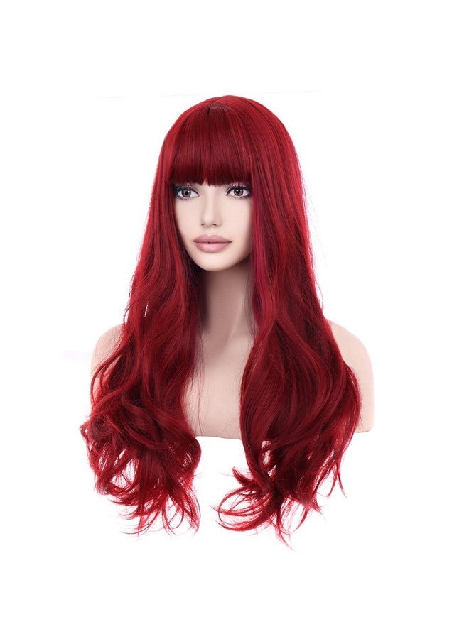 BERON 26 Inches Red Wig Long Wavy Wig With Bangs For Women Long Wig Wine Red Wigs For Daily Party Wig Cap Included - Image 1
