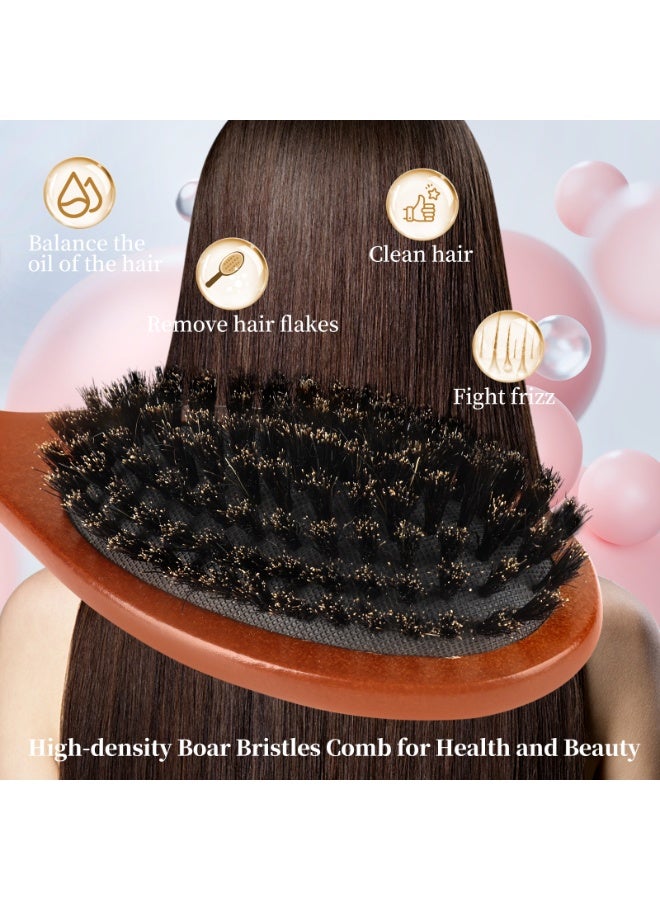 آيسيلي مشط فرشاة شعر من شعيرات الخنزير الطبيعي، فرشاة تمديد الشعر البيضاوية المضادة للكهرباء الساكنة، تدليك فروة الرأس، مقبض خشبي من خشب الزان - Image 5