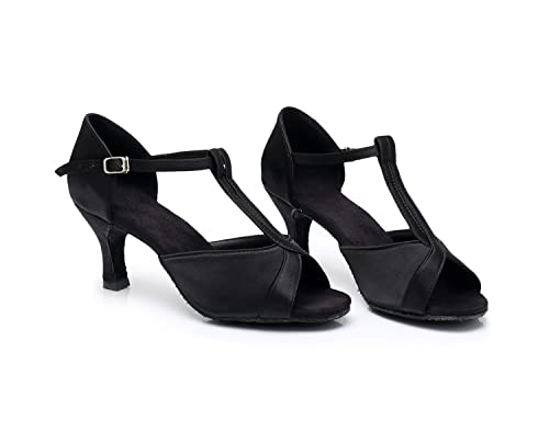Rosefinch Women's Satin T-Strap Sandals Latin Salsa Performance Dance Shoes 2.75 Inch Black 5US - Image 2