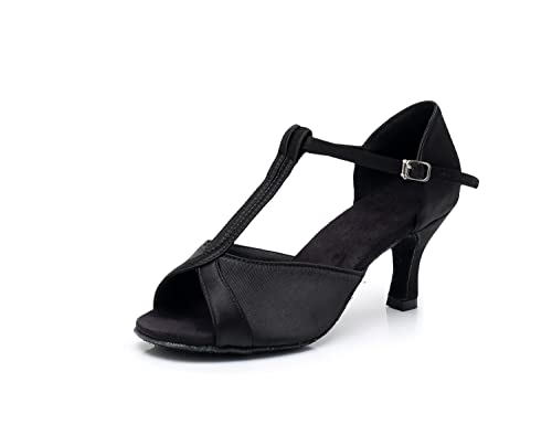 Rosefinch Women's Satin T-Strap Sandals Latin Salsa Performance Dance Shoes 2.75 Inch Black 5US - Image 3