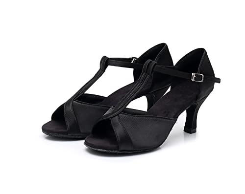 Rosefinch Women's Satin T-Strap Sandals Latin Salsa Performance Dance Shoes 2.75 Inch Black 5US - Image 1