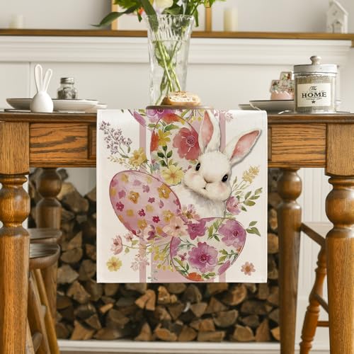 Artoid Mode Bunny Rabbit Eggs 210 GSM Easter Table Runner Seasonal Spring Floral Kitchen Dining Table Decoration for Home Party Decor 13x72 Inch - Image 3