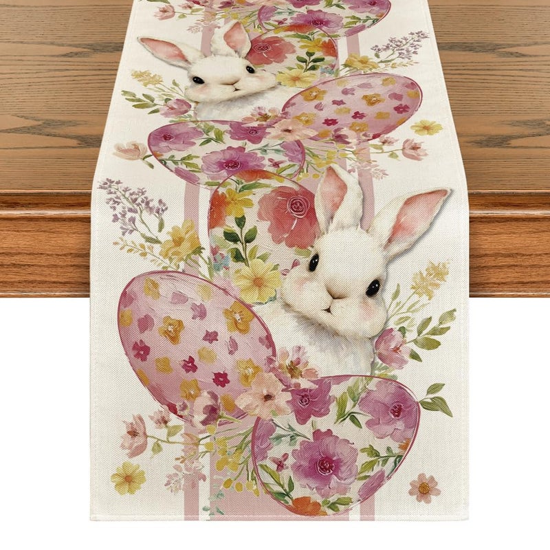 Artoid Mode Bunny Rabbit Eggs 210 GSM Easter Table Runner Seasonal Spring Floral Kitchen Dining Table Decoration for Home Party Decor 13x72 Inch - Image 2