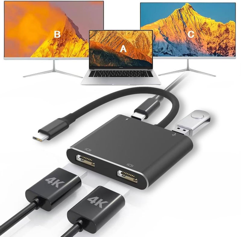 Fophmo USB C to Dual HDTV Adapter, Fophmo 4K@60Hz HDTV Splitter Extend Display for Dual Monitors, macOS Only Allows Mirror Mode, Windows Allows Multi-Monitor Display 3 Separate Screens for 100W PD,USB-A Port - Image 1