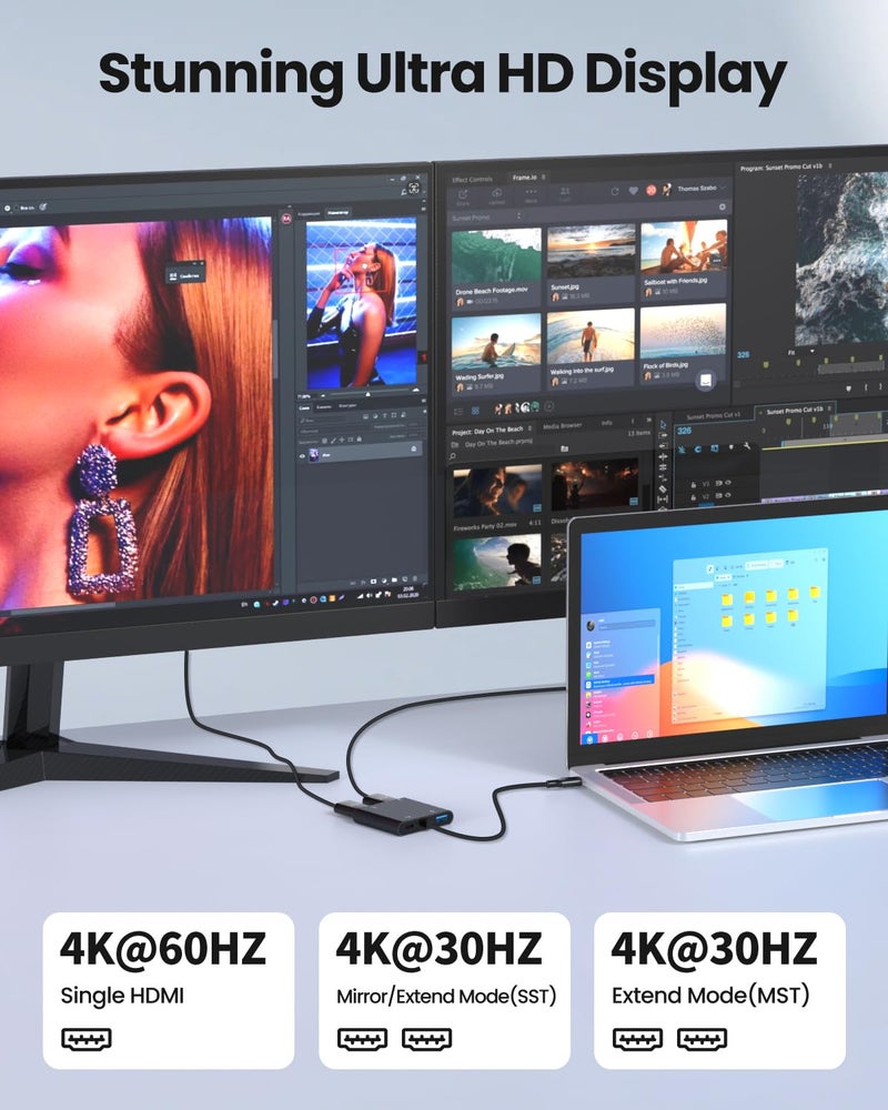 Fophmo USB C to Dual HDTV Adapter, Fophmo 4K@60Hz HDTV Splitter Extend Display for Dual Monitors, macOS Only Allows Mirror Mode, Windows Allows Multi-Monitor Display 3 Separate Screens for 100W PD,USB-A Port - Image 3