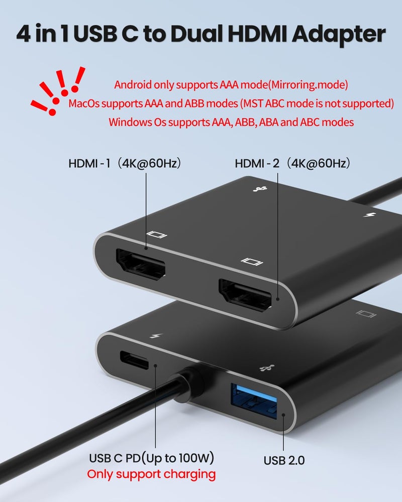Fophmo USB C to Dual HDTV Adapter, Fophmo 4K@60Hz HDTV Splitter Extend Display for Dual Monitors, macOS Only Allows Mirror Mode, Windows Allows Multi-Monitor Display 3 Separate Screens for 100W PD,USB-A Port - Image 2