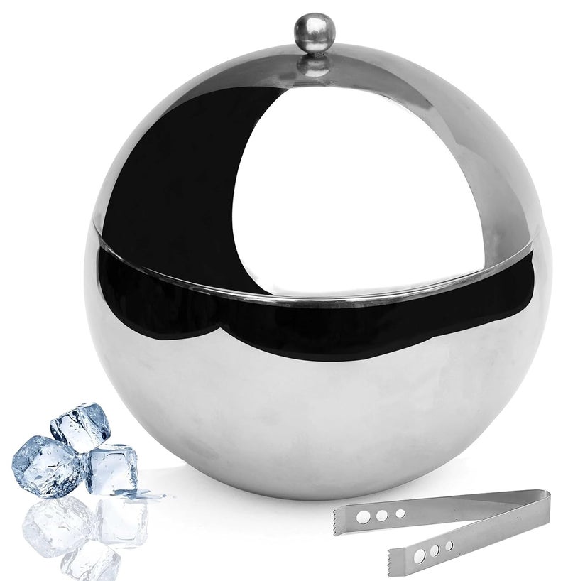 Pure Source India Stainless Steel Insulated Double Walled Plain Ice Bucket with Lid Ice Tonge for Home Bar Accessories Mini Bar 1300 ML Round - Image 1