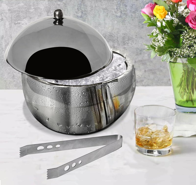 Pure Source India Stainless Steel Insulated Double Walled Plain Ice Bucket with Lid Ice Tonge for Home Bar Accessories Mini Bar 1300 ML Round - Image 3