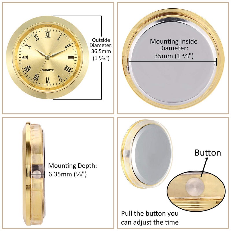 ShoppeWatch Mini Clock Insert 1 7/16" (35mm) Quartz Movement | Miniature Clock Face Insert | Small Round Fit Up Gold Tone Dial and Bezel Roman Numerals CK085GD - Image 2