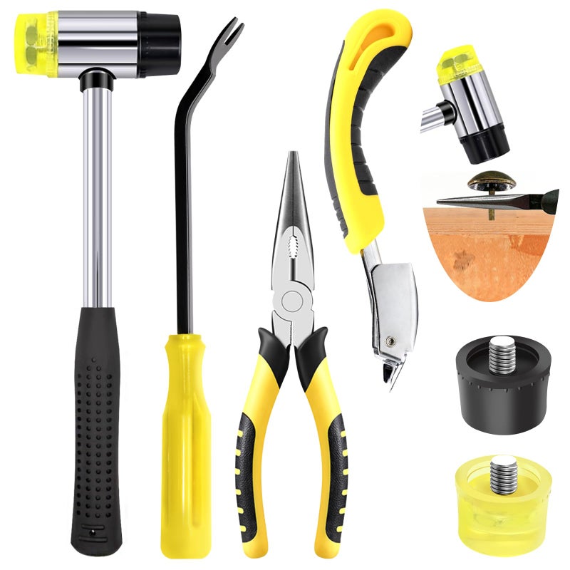 Yauhar 6 Pcs Upholstery Remove & Install Tools Kit Contains Rubber Mallet Hammer with 2PCS Replacement Head, Nail Tack Remover, Staple Tack Lifter and Removal Pliers for Furniture Floor Jewelry - Image 1