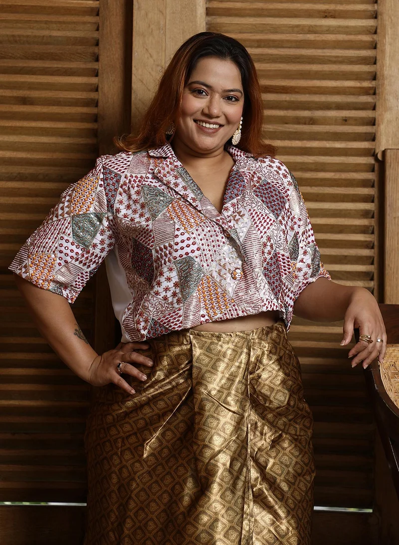 انستافاب بلس طقم نسائي بوهيمي هندسي أبيض بودرة