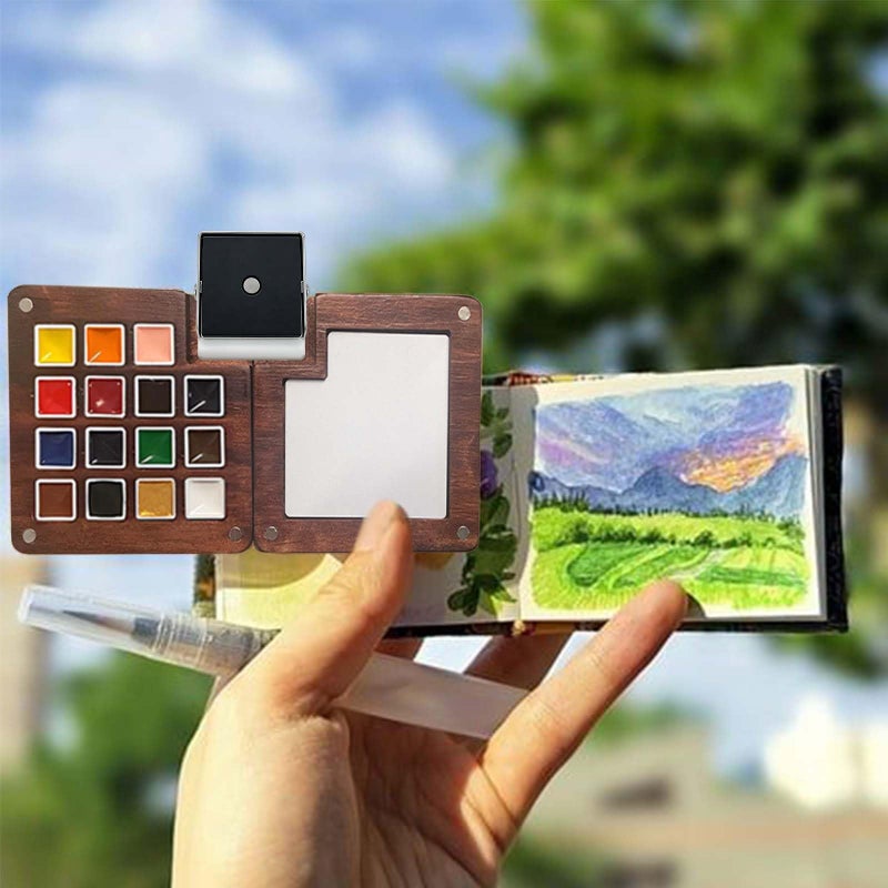 GOOTXUSK Mini Paint Palette Travel Kit - Mini Travel Watercolor Palette Set, Pocket Artist Water Color Travel Set with Colours, Binder Clips, Watercolor Pens, Wooden Paint Box for Painters Artists Students - Image 4