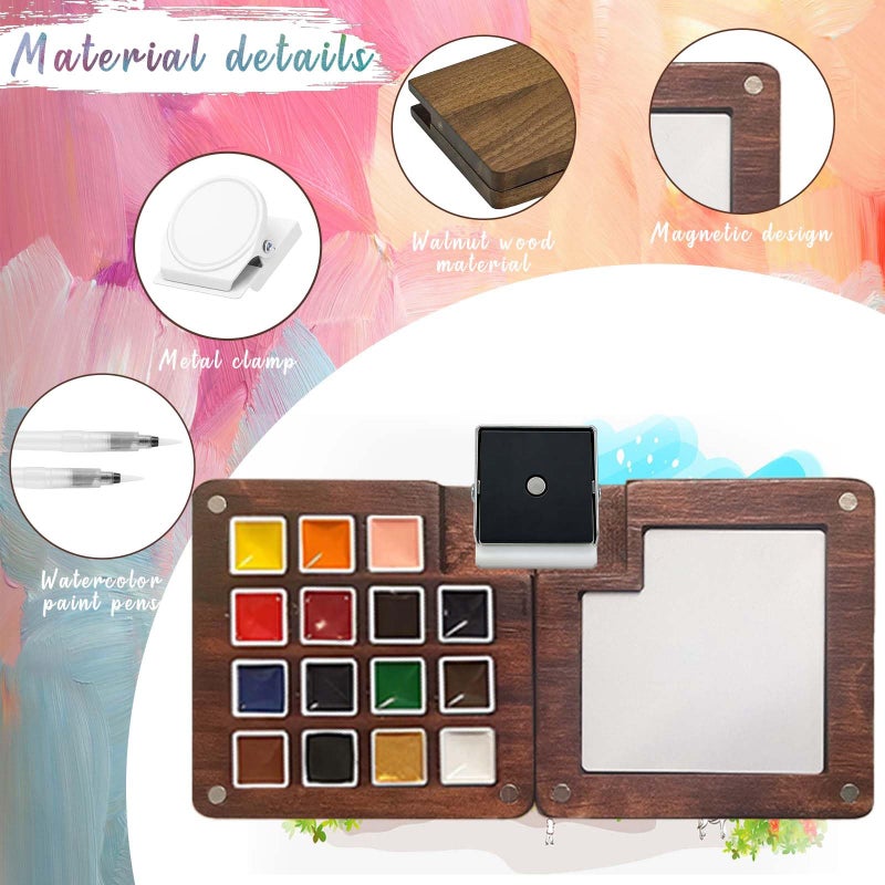 GOOTXUSK Mini Paint Palette Travel Kit - Mini Travel Watercolor Palette Set, Pocket Artist Water Color Travel Set with Colours, Binder Clips, Watercolor Pens, Wooden Paint Box for Painters Artists Students - Image 3