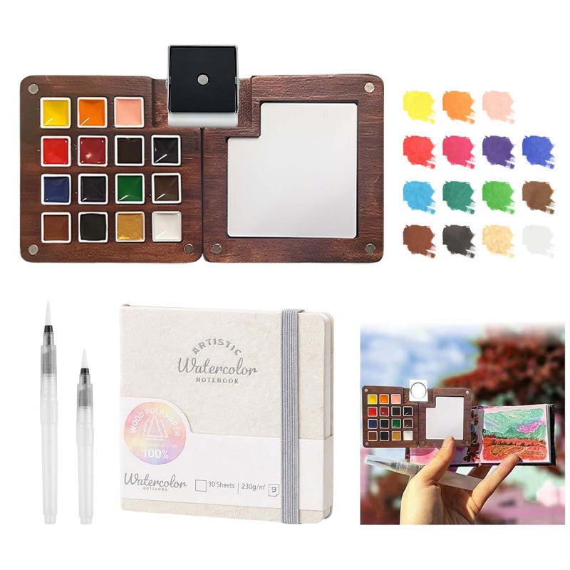 GOOTXUSK Mini Paint Palette Travel Kit - Mini Travel Watercolor Palette Set, Pocket Artist Water Color Travel Set with Colours, Binder Clips, Watercolor Pens, Wooden Paint Box for Painters Artists Students - Image 1