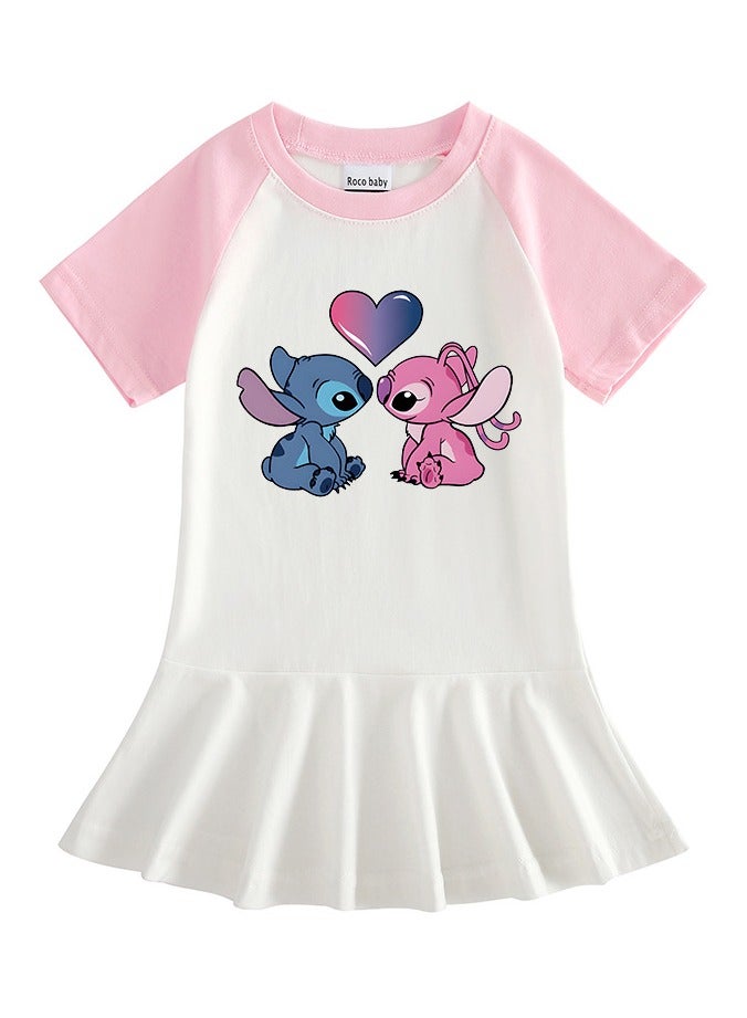 general Children's clothes Stitch cartoon girl half sleeve dress contrast baby pleated ruffle skirt - Image 1