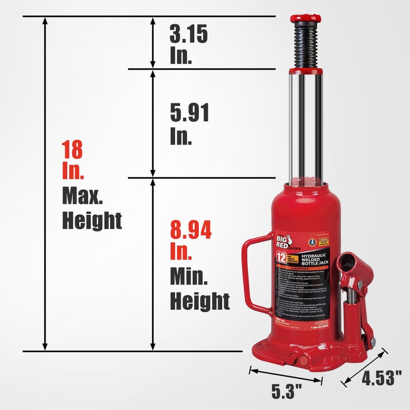 BIG RED 12 Ton (24,000 LBs) Torin Welded Hydraulic Car Bottle Jack for Auto Repair and House Lift, Red, TAM91203B - Image 2