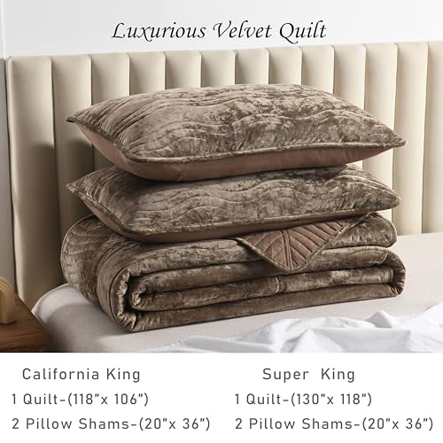 AJOCCI Velvet California King Size Quilt, Oversized California Comforter Set Mocha Brown Bedding Set (118”*106”) with 2 Pillow Shams, Luxurious Quilt Set,All-Season 3 Pieces - Image 5