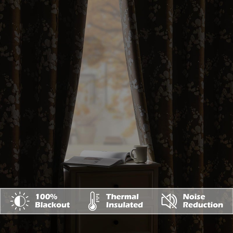 FMFUNCTEX 100% Blackout Floral Curtains for Bedroom  Taupe Curtains 84 inches Long Blossom Flower Patterned for Living Room  Thermal Insulated Farmhouse Drapes  Grommet Top 2 Panels (White on Tan) - Image 3